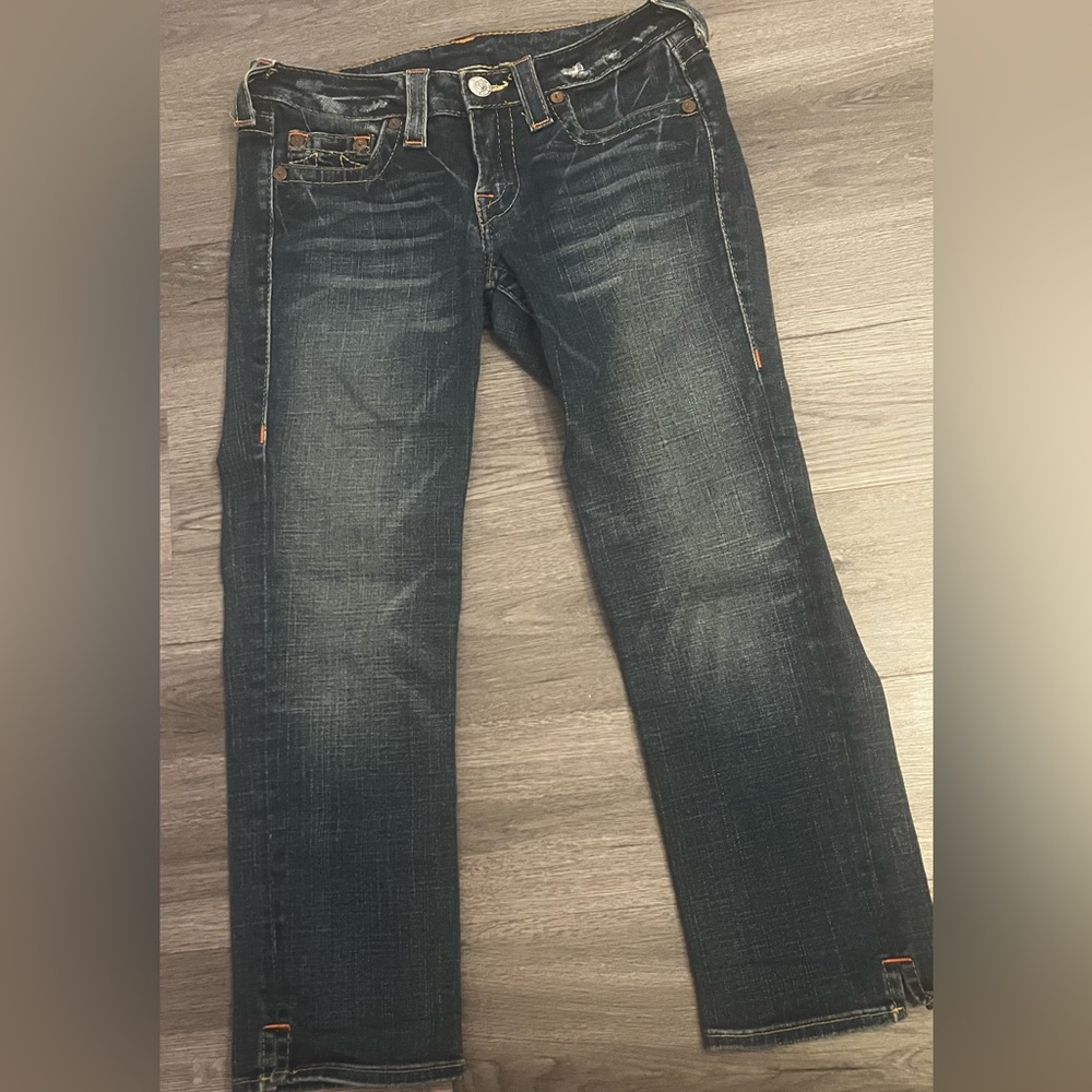 True Religion Blue Straight Jeans with Distressed Details